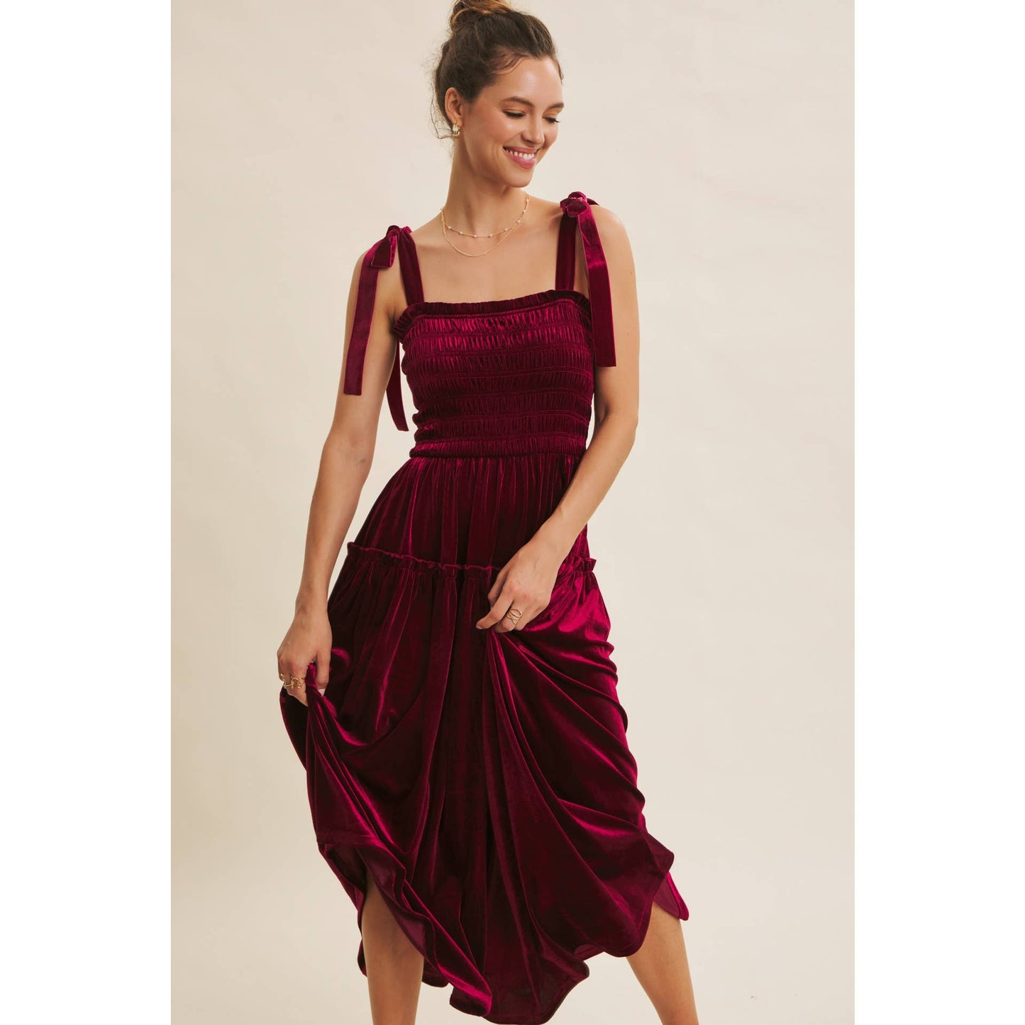 CANDACE- Velvet Smocked Midi Dress