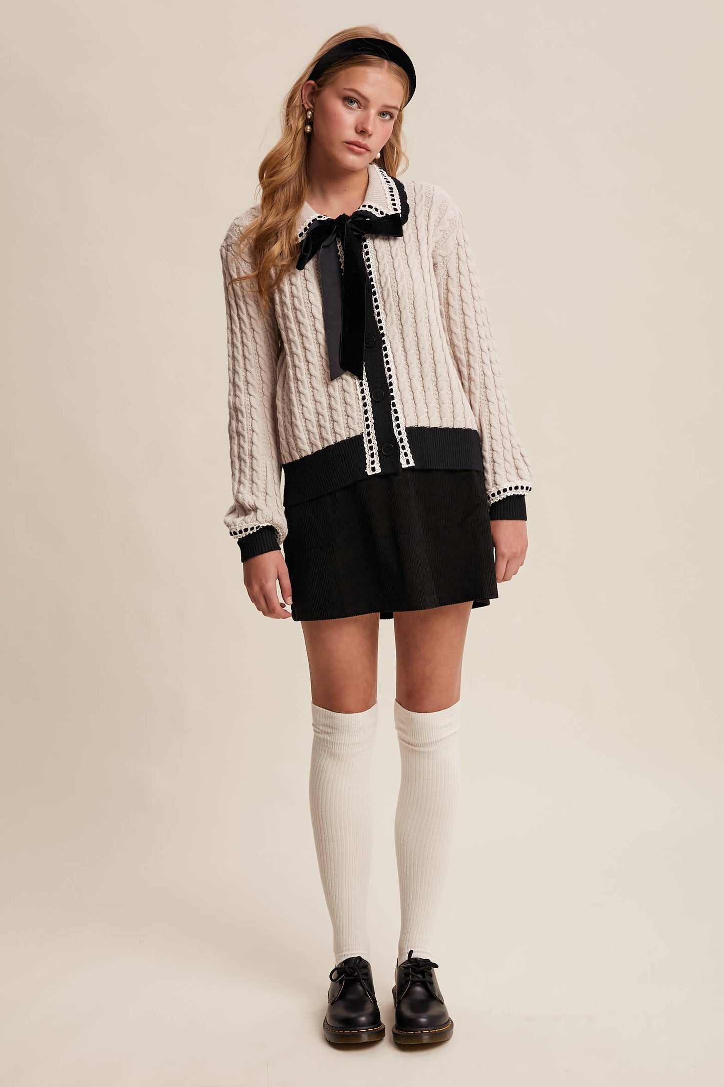 BLAIR: Cable Knit Cardigan with Velvet Bow Details