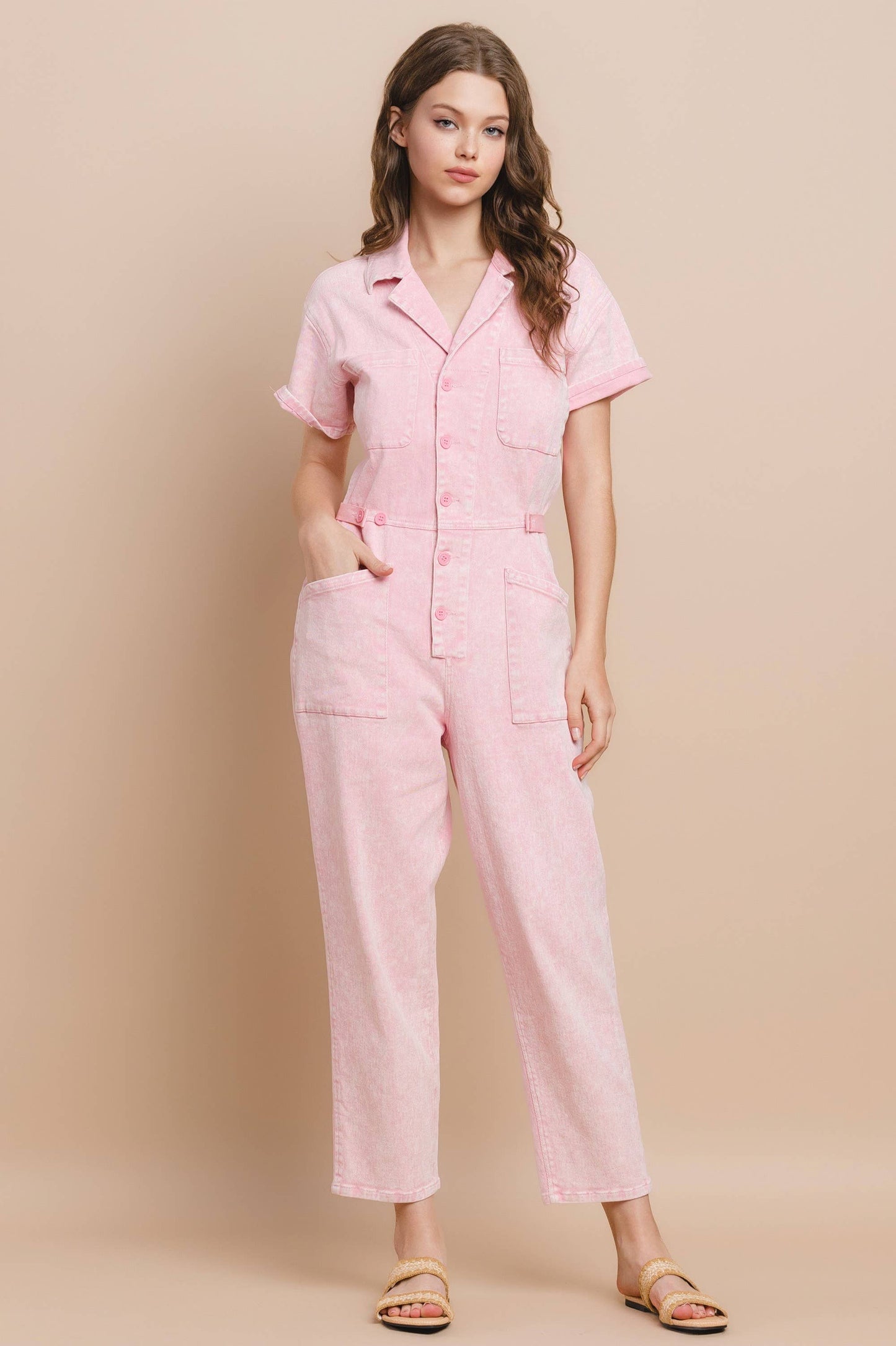 ROXANNE: Acid Wash Jumpsuit: Rose