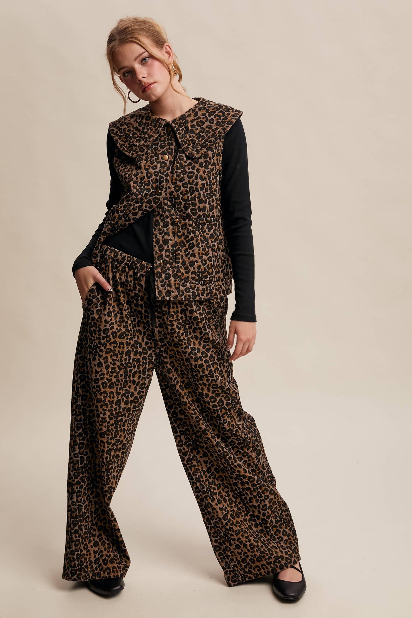 JANICE- Leopard Print Denim Wide-Leg Pants