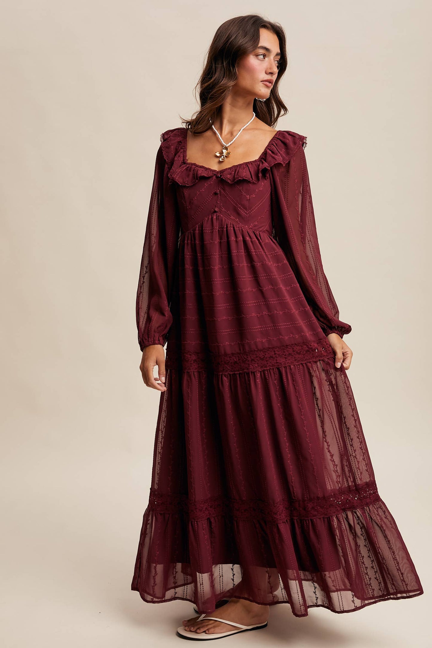 ABIGAIL- Ruffle Trim Tiered Maxi Dress