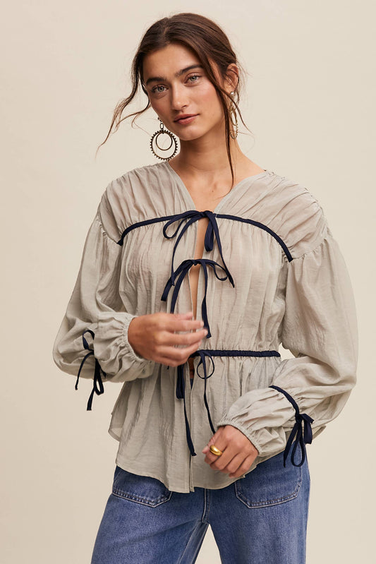 HILLARY:Contrast Trim Ribbon Tie Blouse