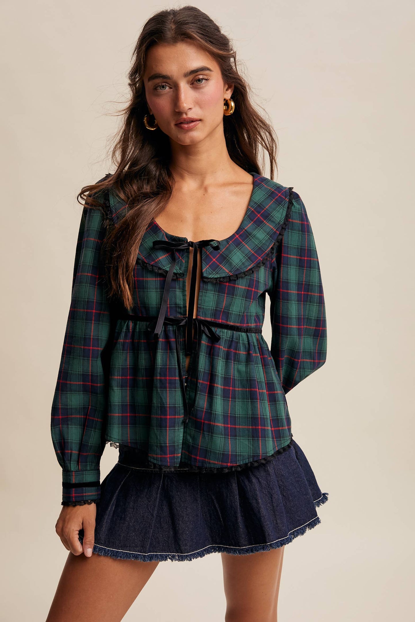 JULIA- Plaid Velvet Trim Holiday Blouse