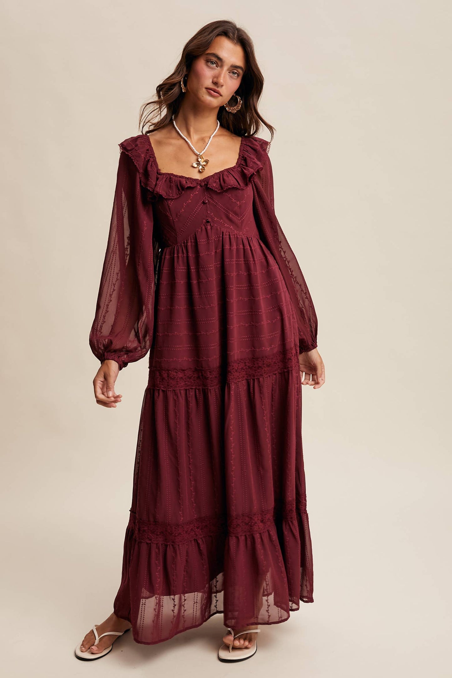 ABIGAIL- Ruffle Trim Tiered Maxi Dress