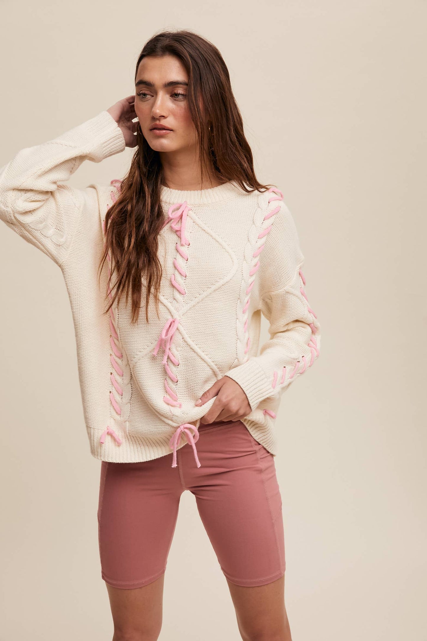 DOLLY- Lace Up Bow Sweater