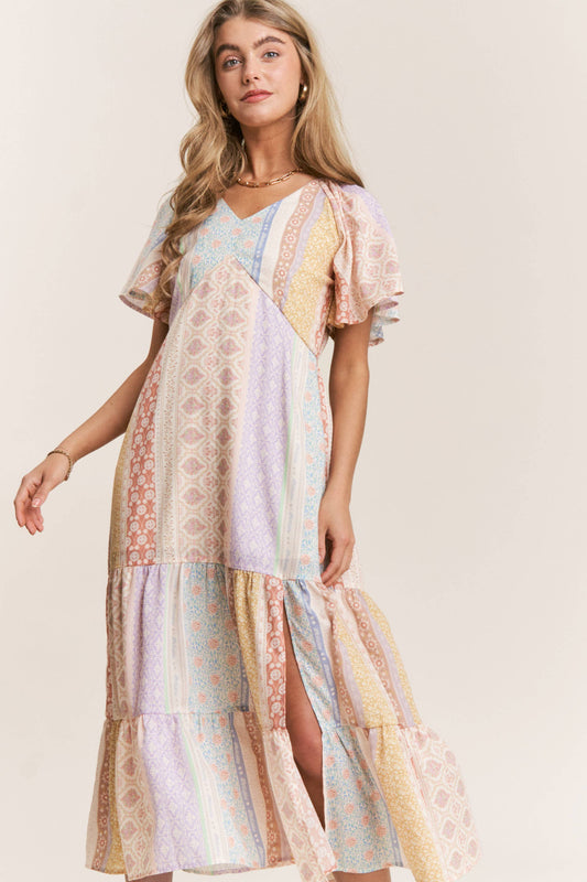 Patch-work V-neck Midi Dress