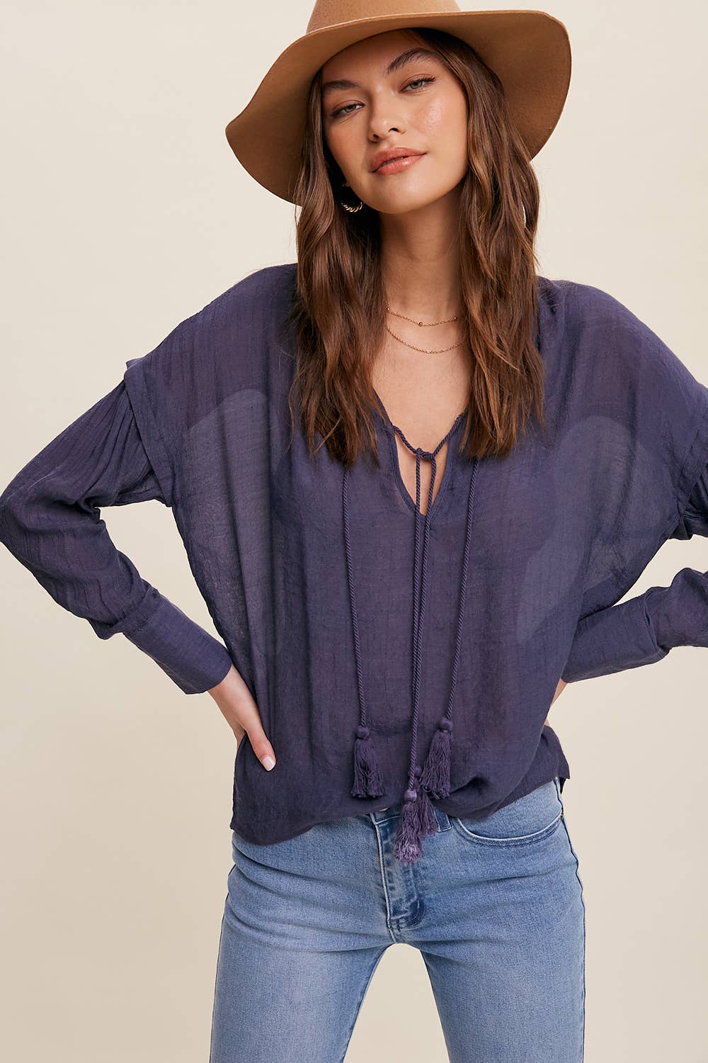 ASHLEY-Tassel Tie Boho Blouse