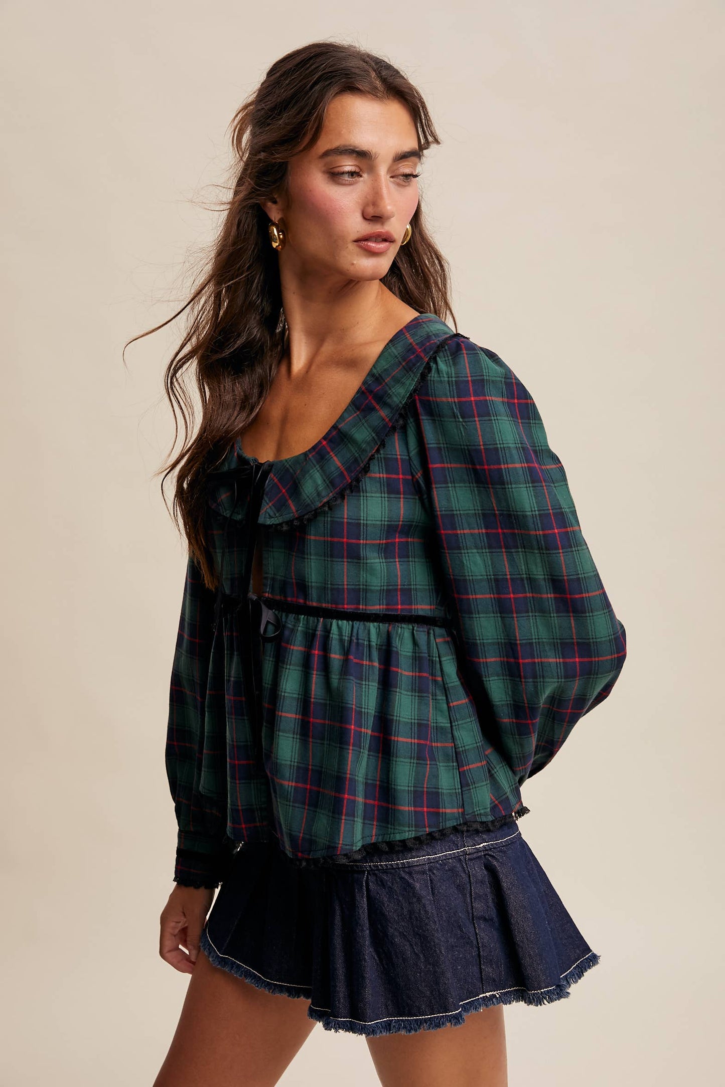 JULIA- Plaid Velvet Trim Holiday Blouse