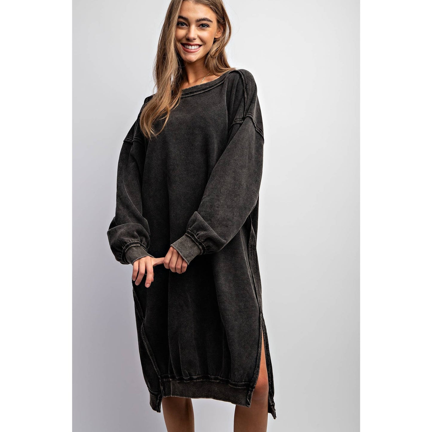 WASHED RELAXED FIT LONG DRESS: Black