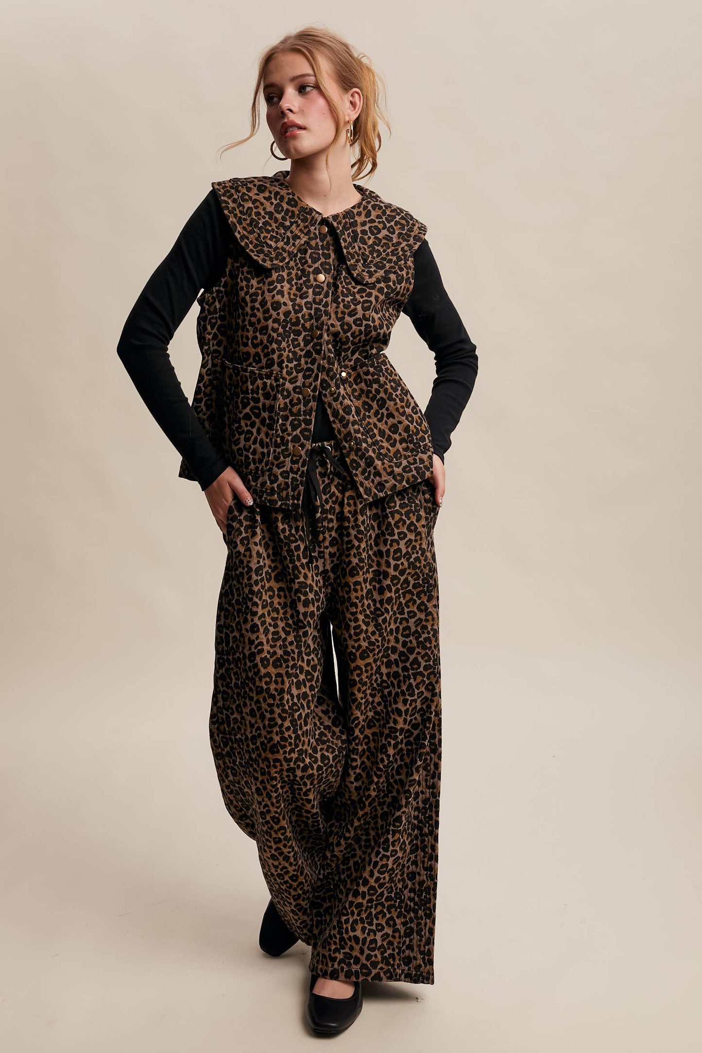 JANICE- Leopard Print Denim Wide-Leg Pants