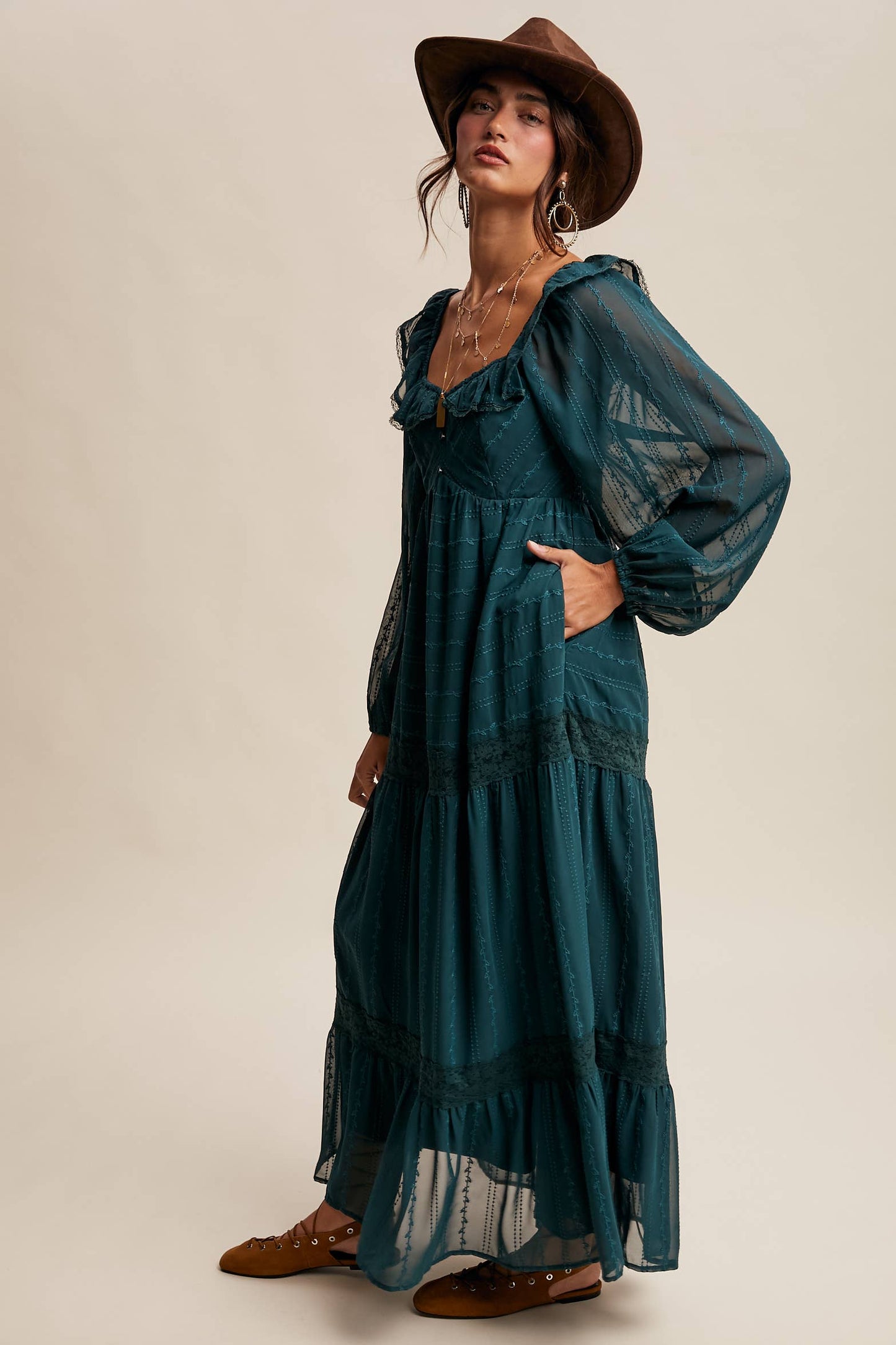ABIGAIL- Ruffle Trim Tiered Maxi Dress