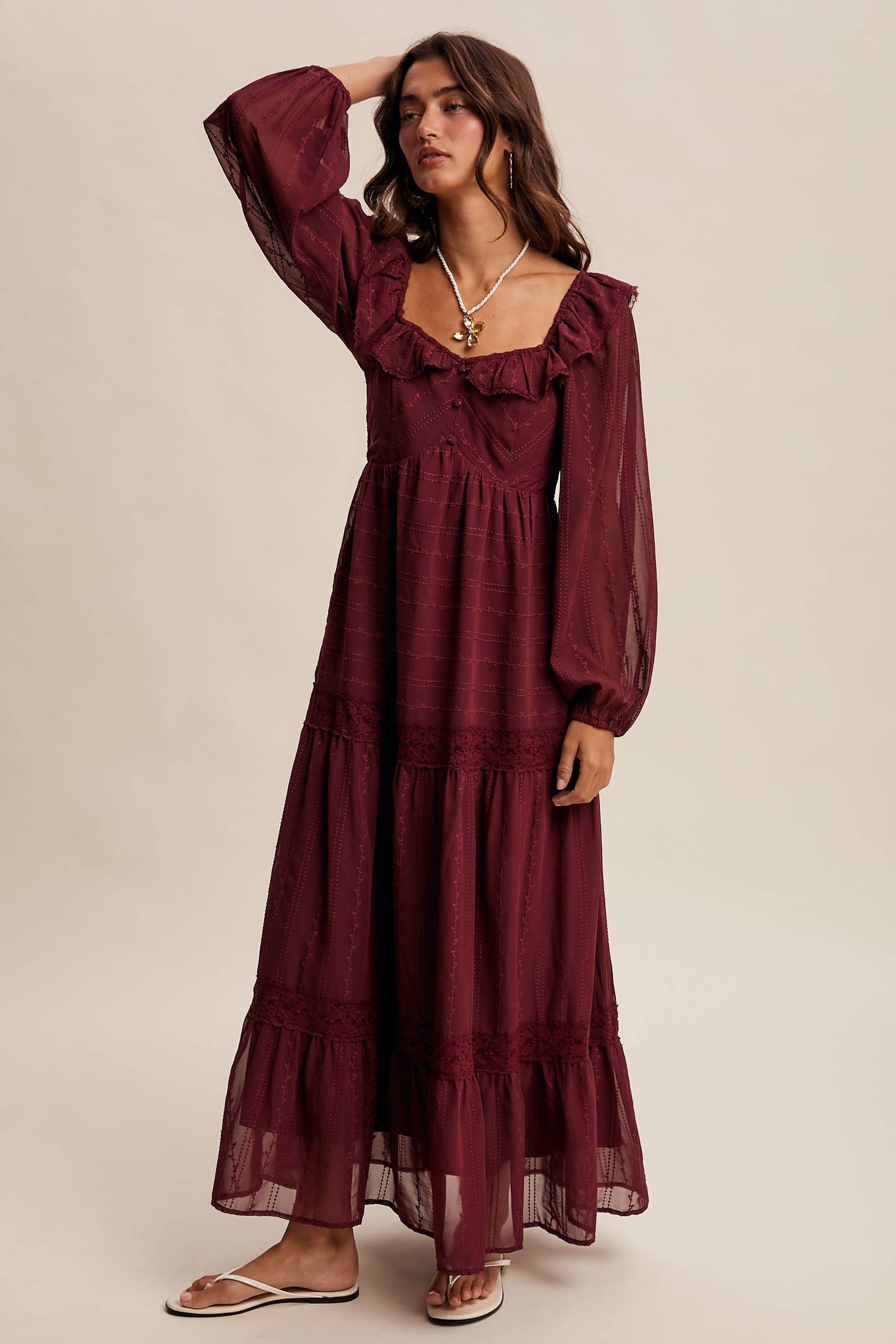 ABIGAIL- Ruffle Trim Tiered Maxi Dress