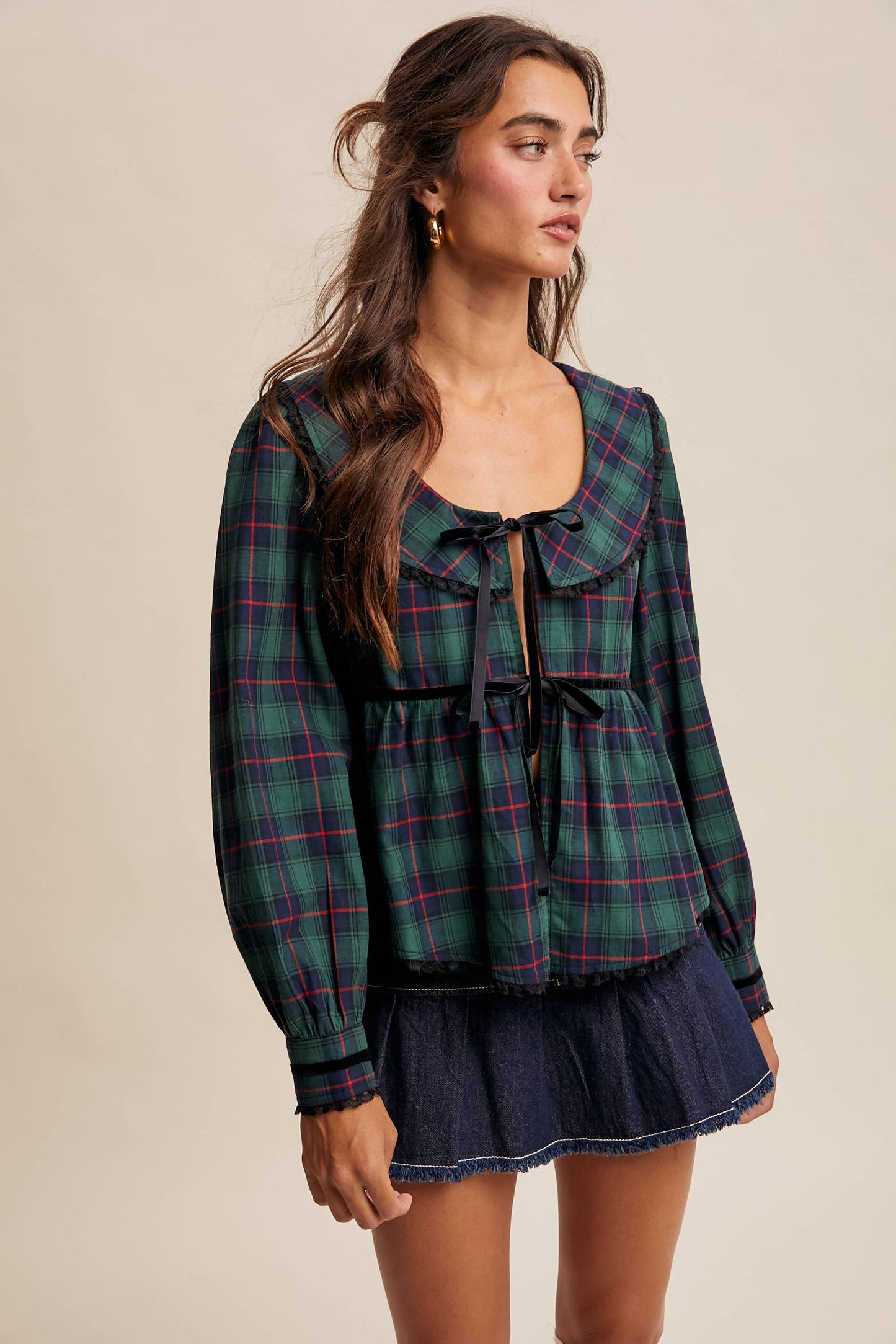JULIA- Plaid Velvet Trim Holiday Blouse