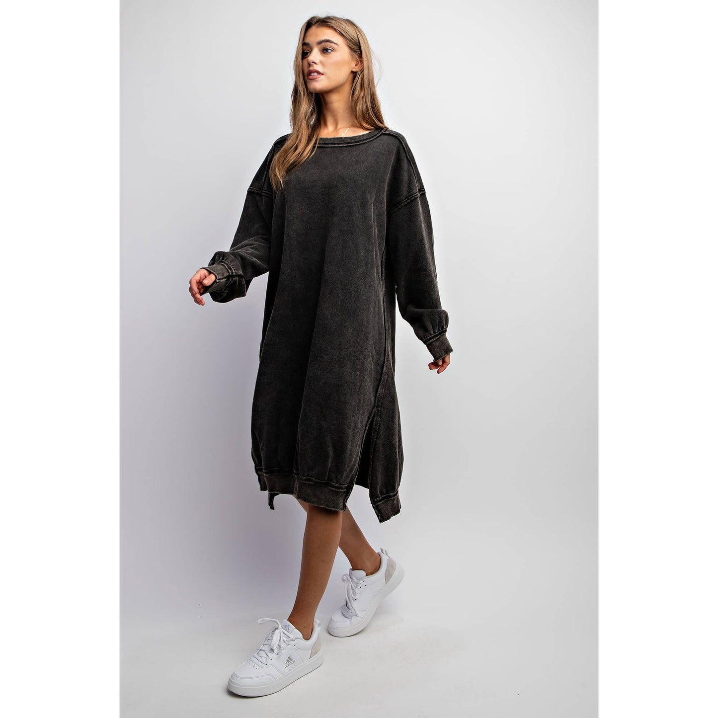 WASHED RELAXED FIT LONG DRESS: Black