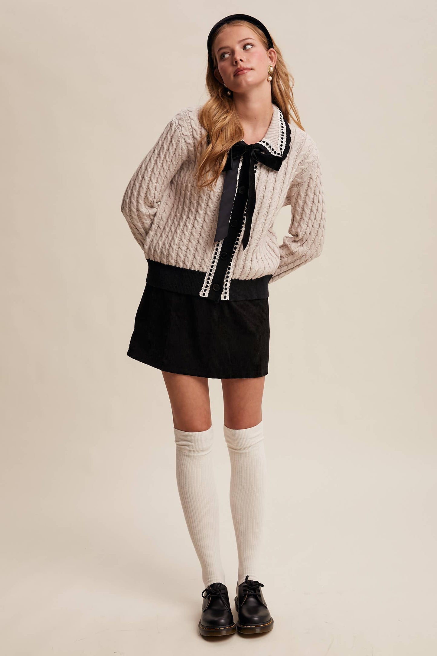 BLAIR: Cable Knit Cardigan with Velvet Bow Details