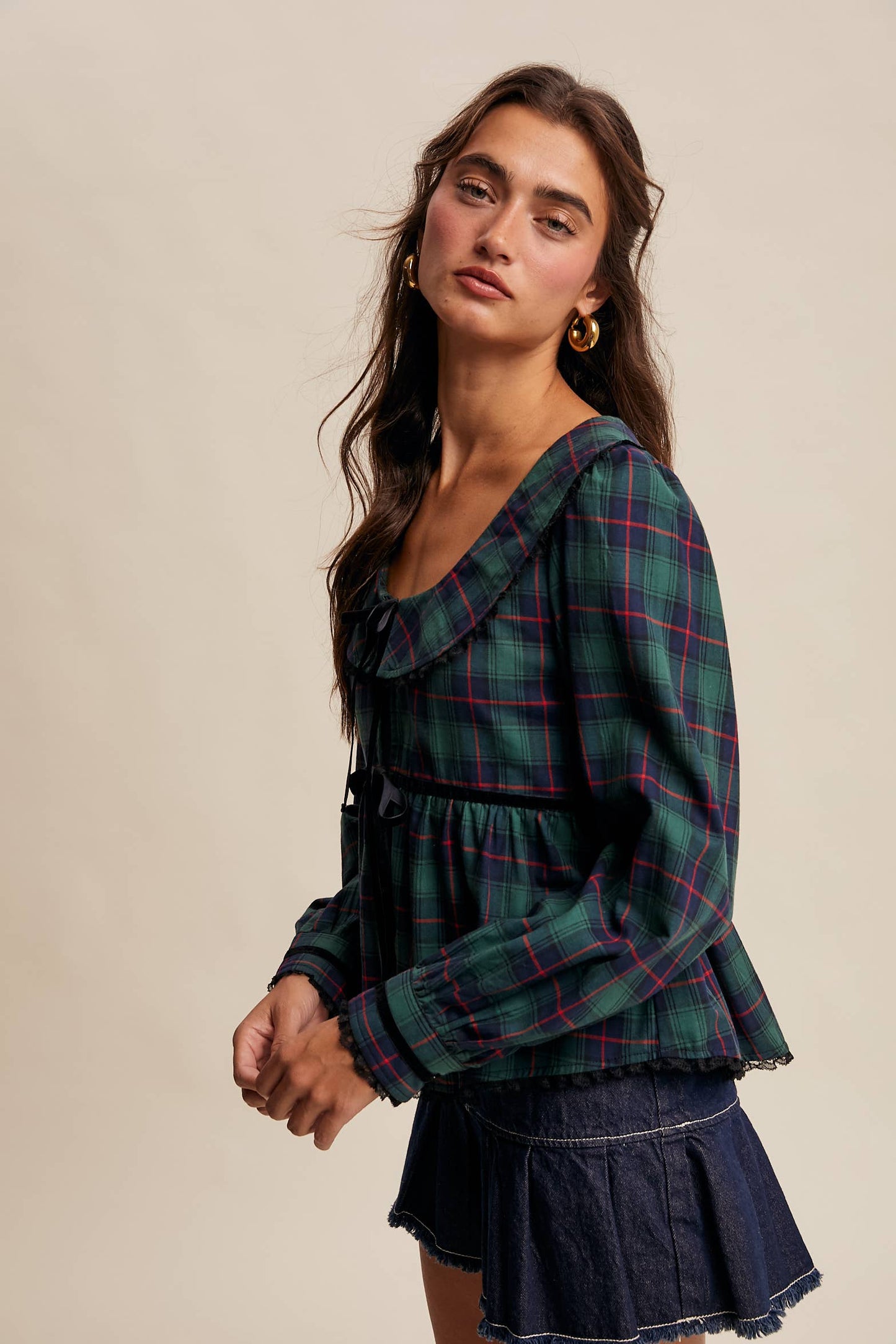 JULIA- Plaid Velvet Trim Holiday Blouse