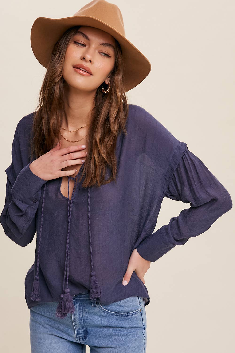 ASHLEY-Tassel Tie Boho Blouse