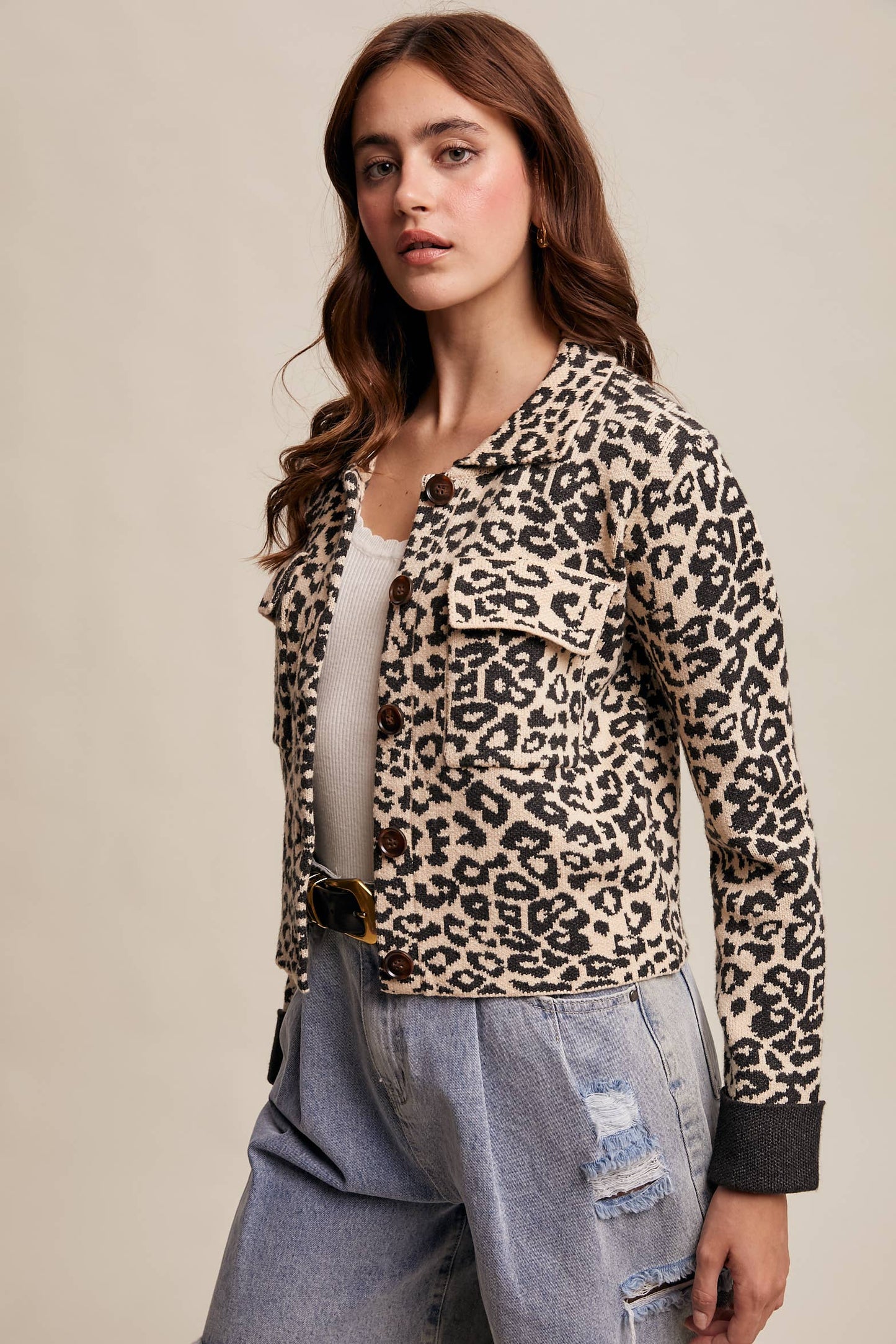 PAMELA: Leopard Knit Button-Up