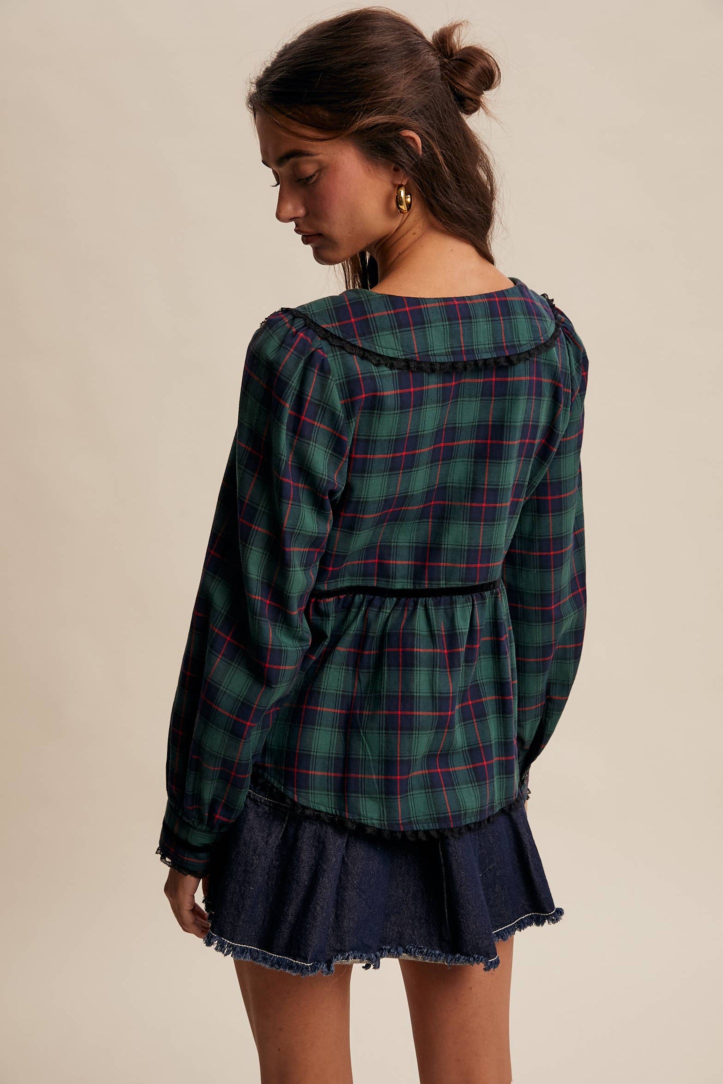 JULIA- Plaid Velvet Trim Holiday Blouse