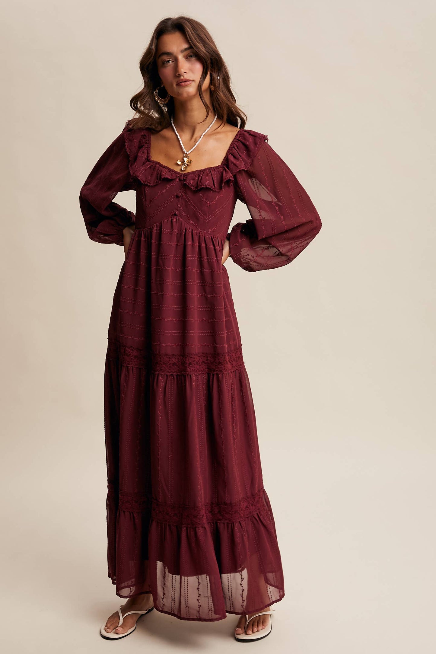 ABIGAIL- Ruffle Trim Tiered Maxi Dress