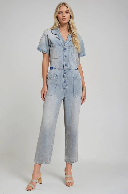 ROXANNE: Light Wash Denim Utility Jumpsuit