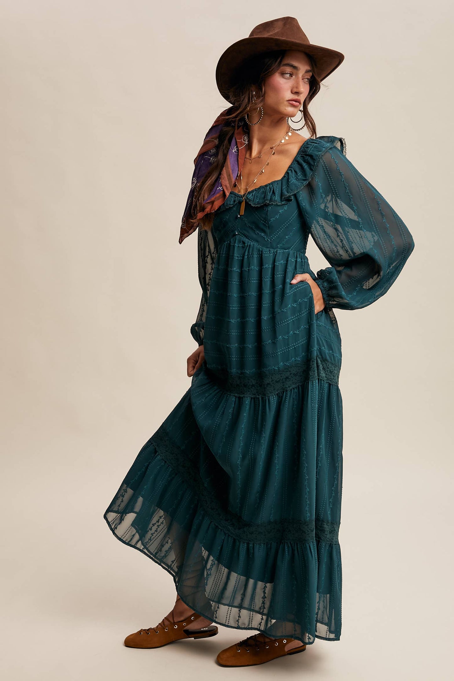 ABIGAIL- Ruffle Trim Tiered Maxi Dress