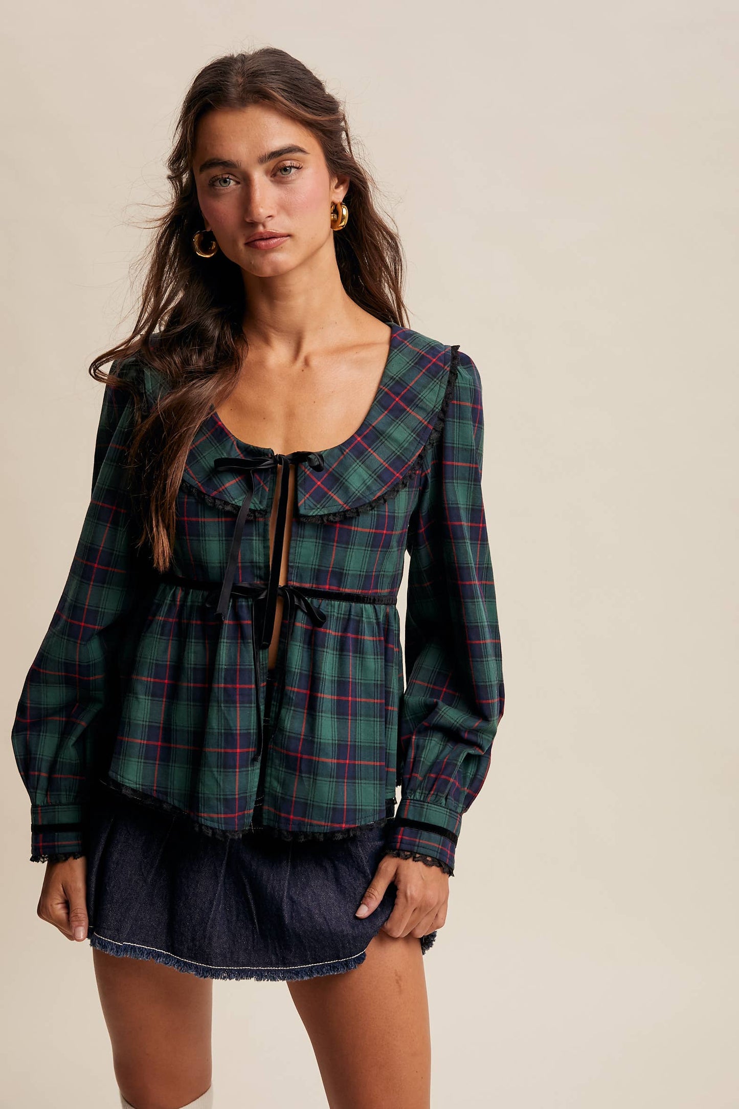 JULIA- Plaid Velvet Trim Holiday Blouse
