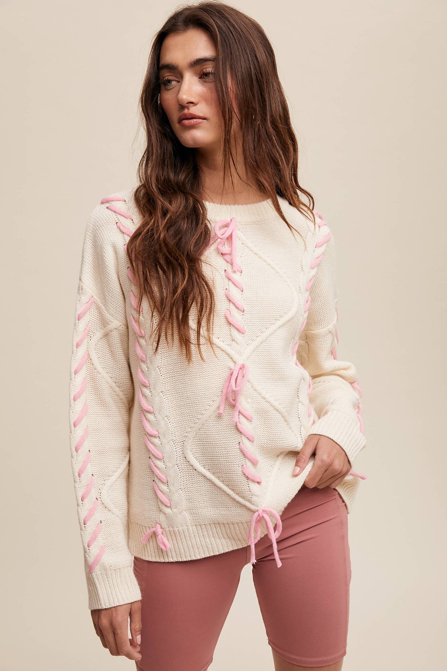 DOLLY- Lace Up Bow Sweater