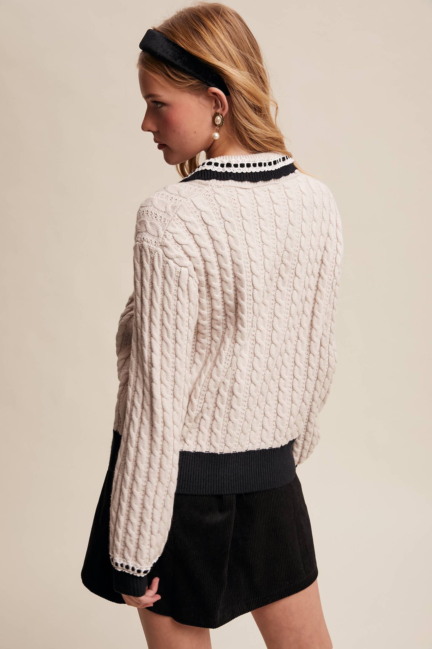 BLAIR: Cable Knit Cardigan with Velvet Bow Details