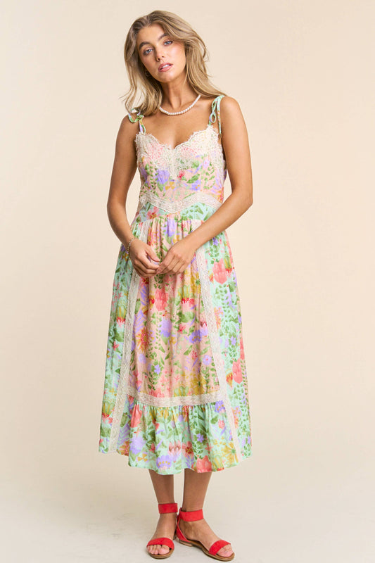 Spaghetti Multicolor Floral Print Tiered Dress