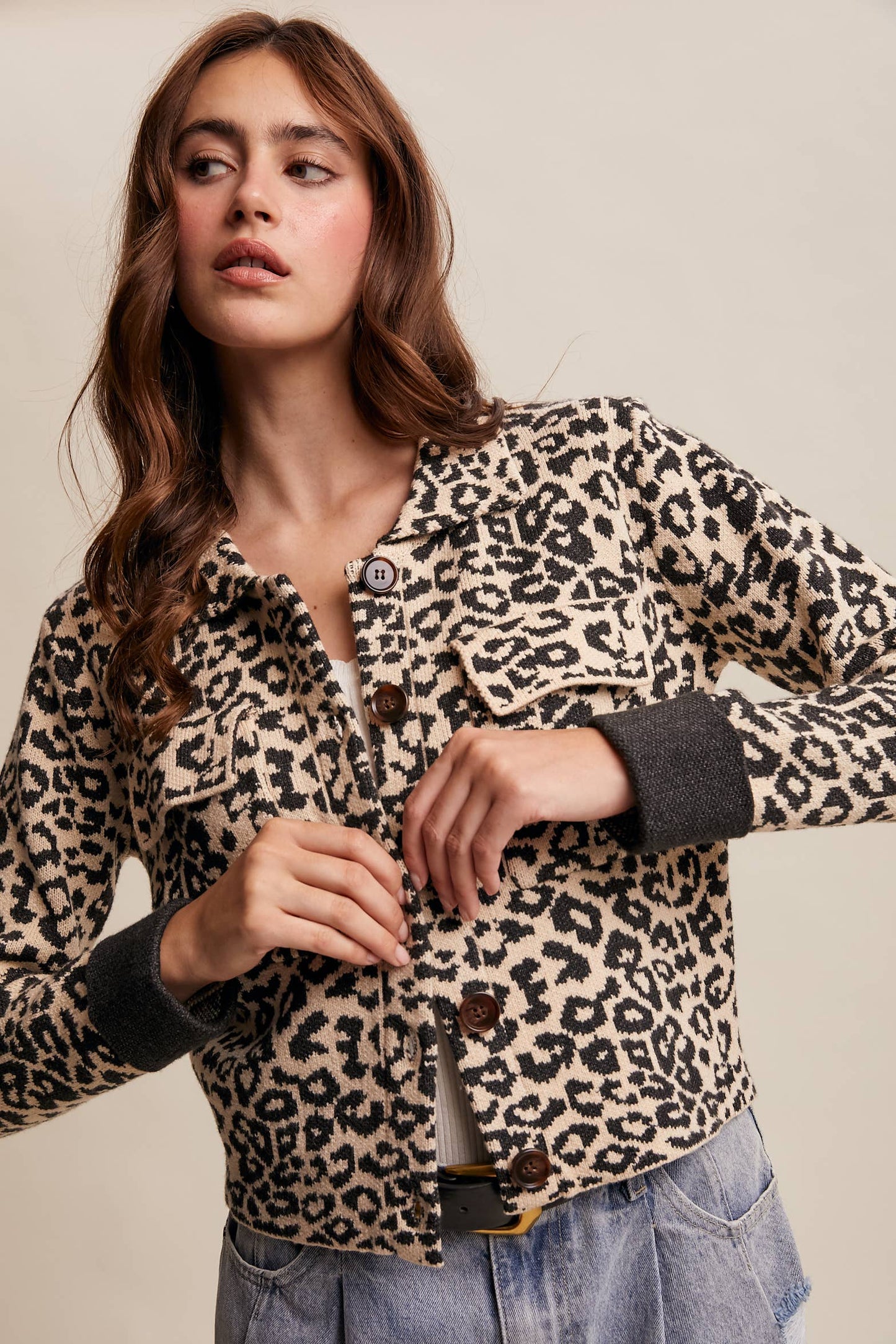 PAMELA: Leopard Knit Button-Up