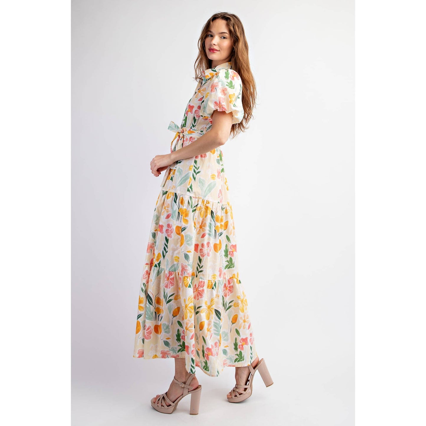 KELLY: Maxi Dress With Puff Sleeve: Beige