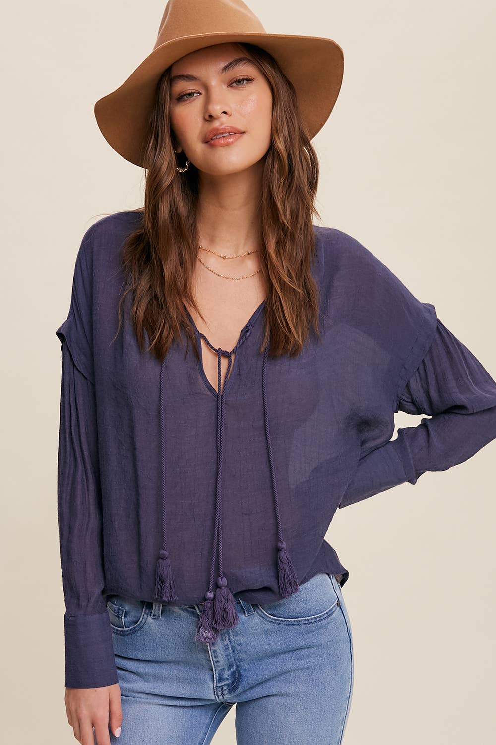 ASHLEY-Tassel Tie Boho Blouse