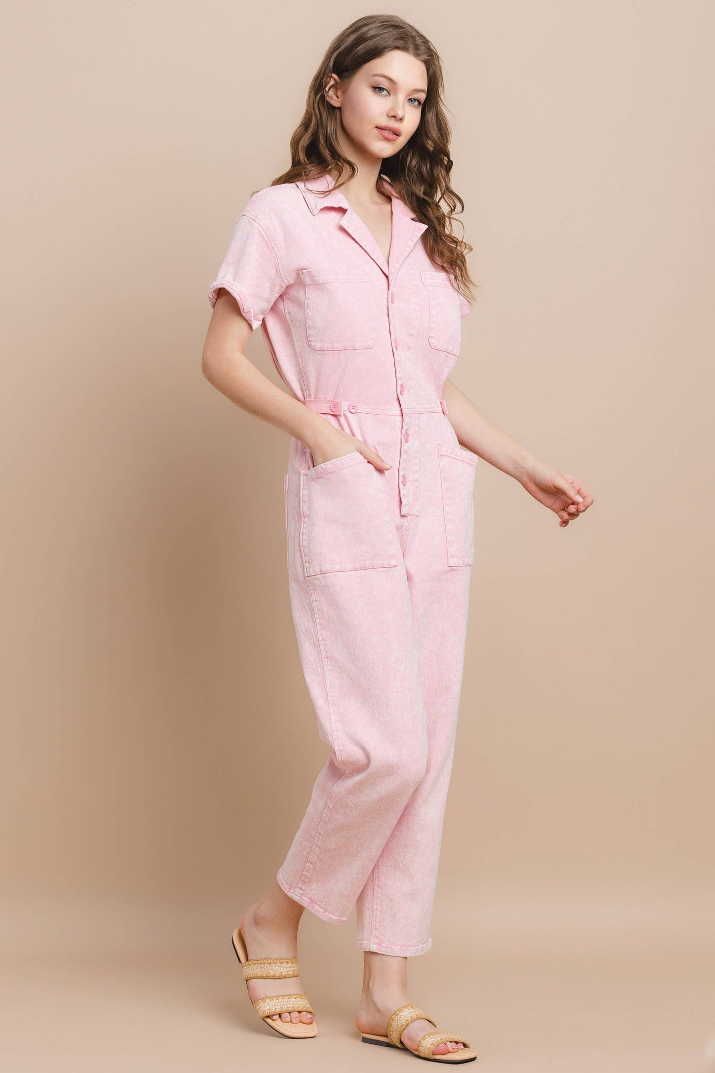 ROXANNE: Acid Wash Jumpsuit: Rose