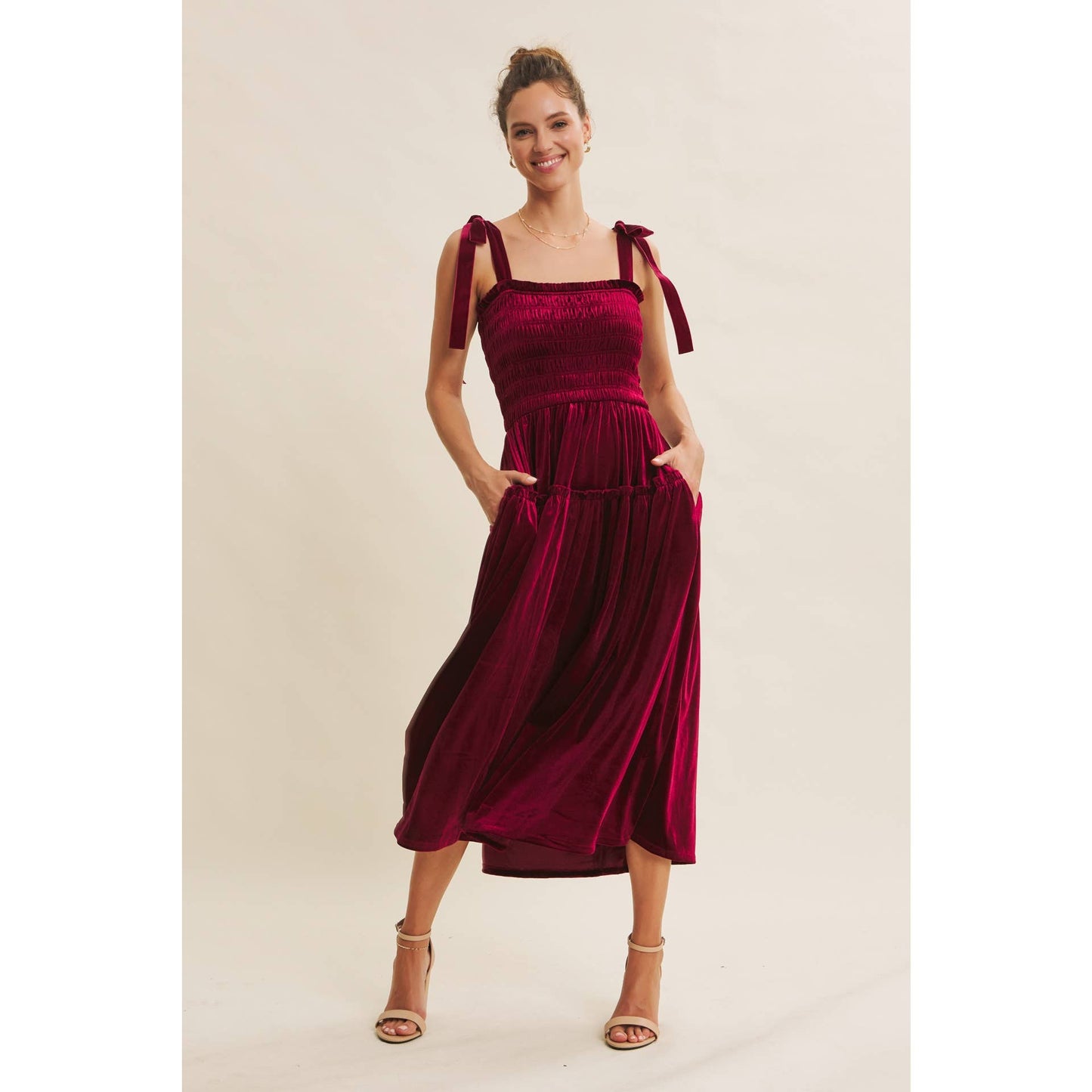 CANDACE- Velvet Smocked Midi Dress