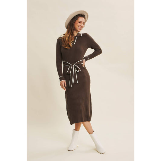 GENEVIEVE: Brown stretch ribbed dress