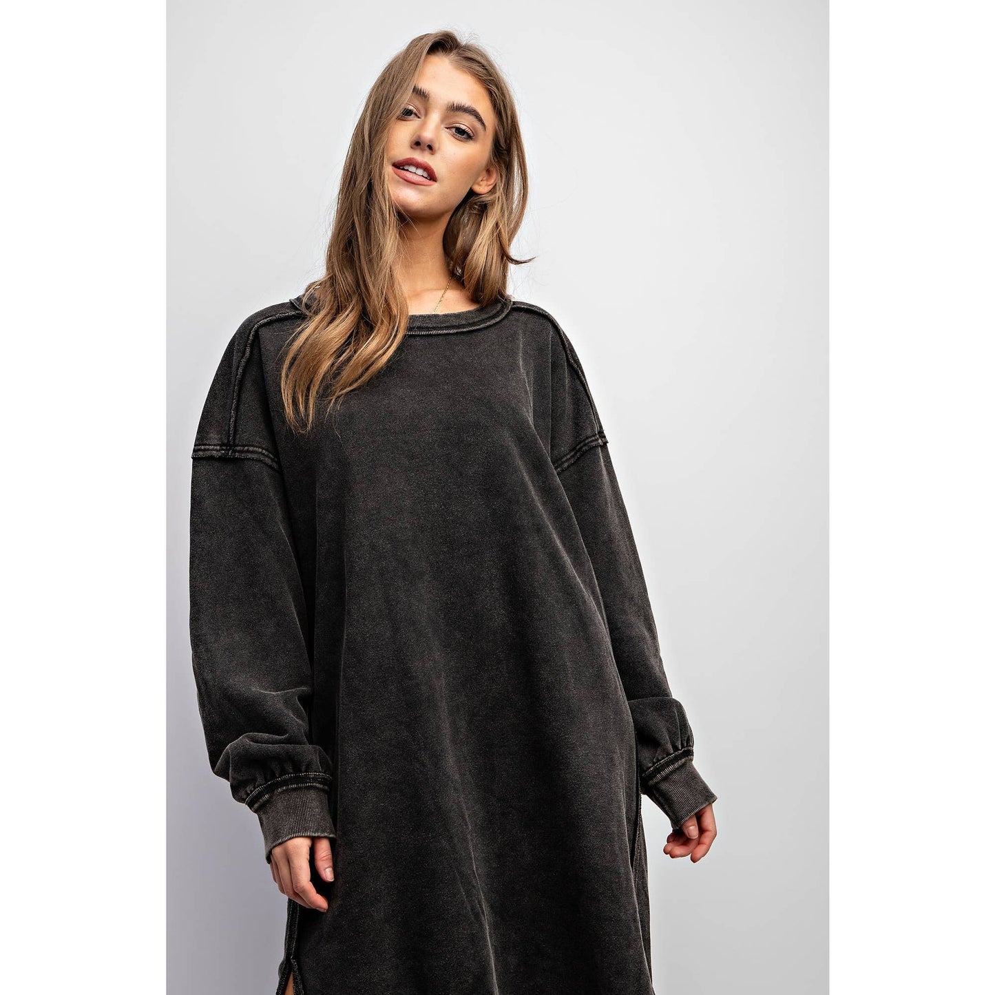 WASHED RELAXED FIT LONG DRESS: Black