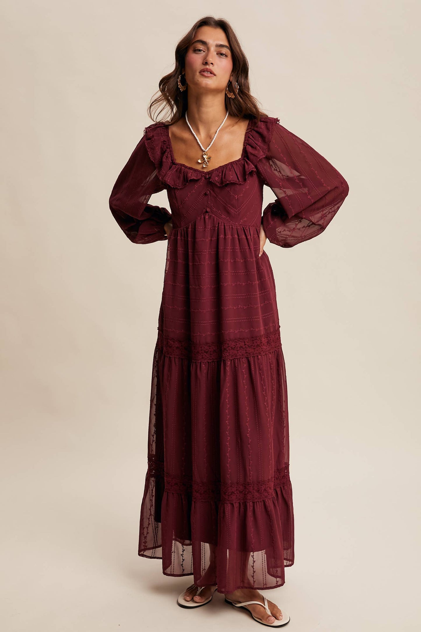 ABIGAIL- Ruffle Trim Tiered Maxi Dress