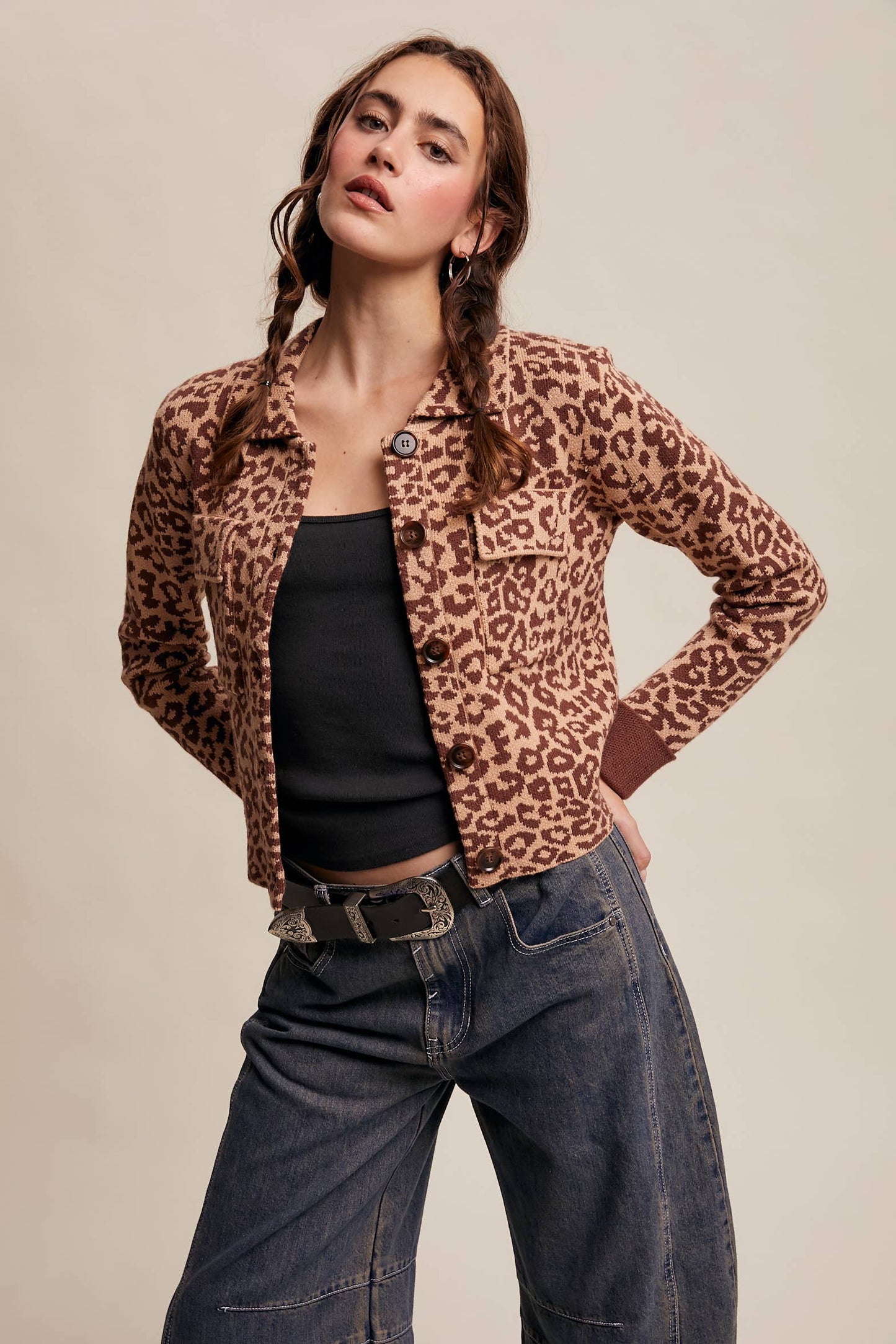 PAMELA: Leopard Knit Button-Up