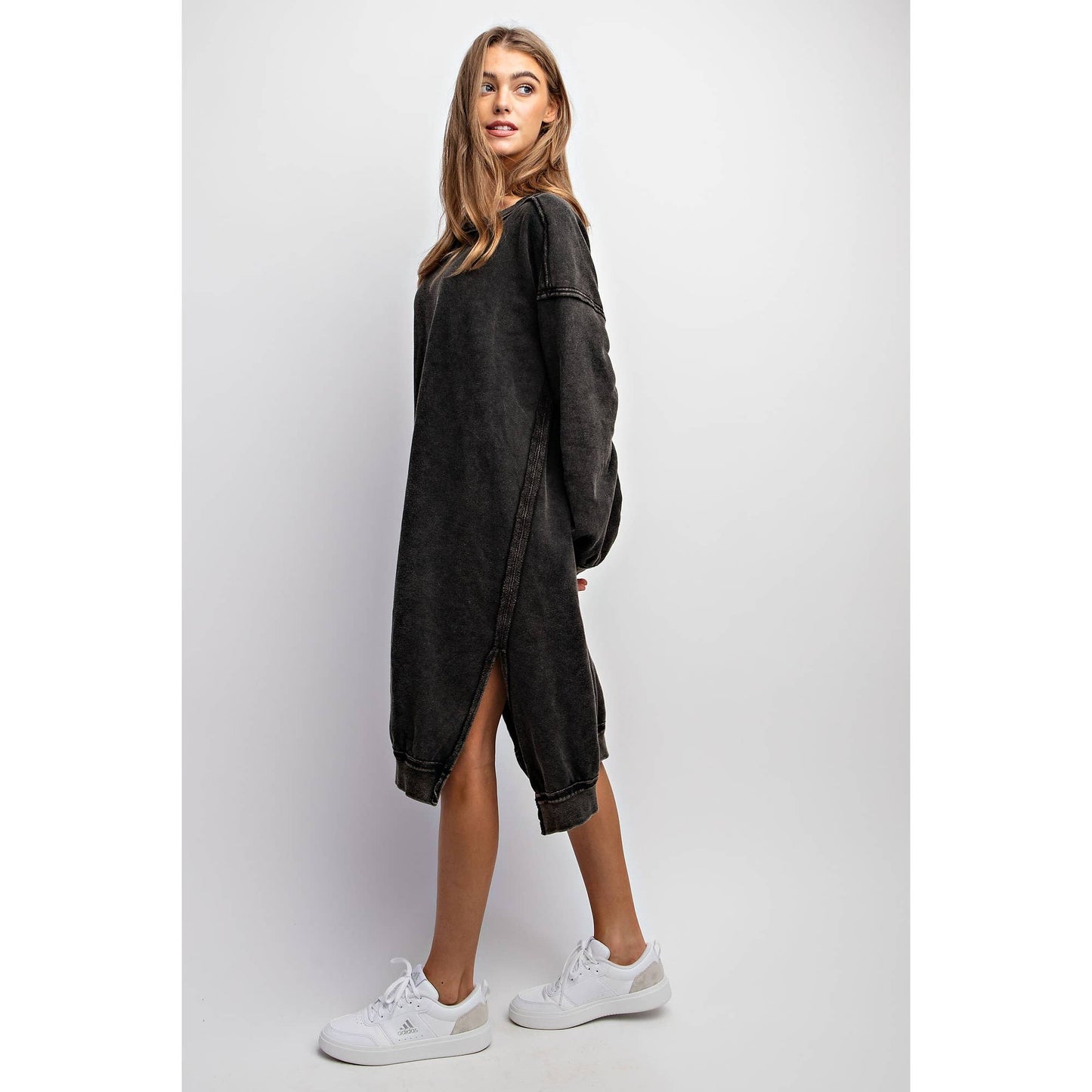 WASHED RELAXED FIT LONG DRESS: Black