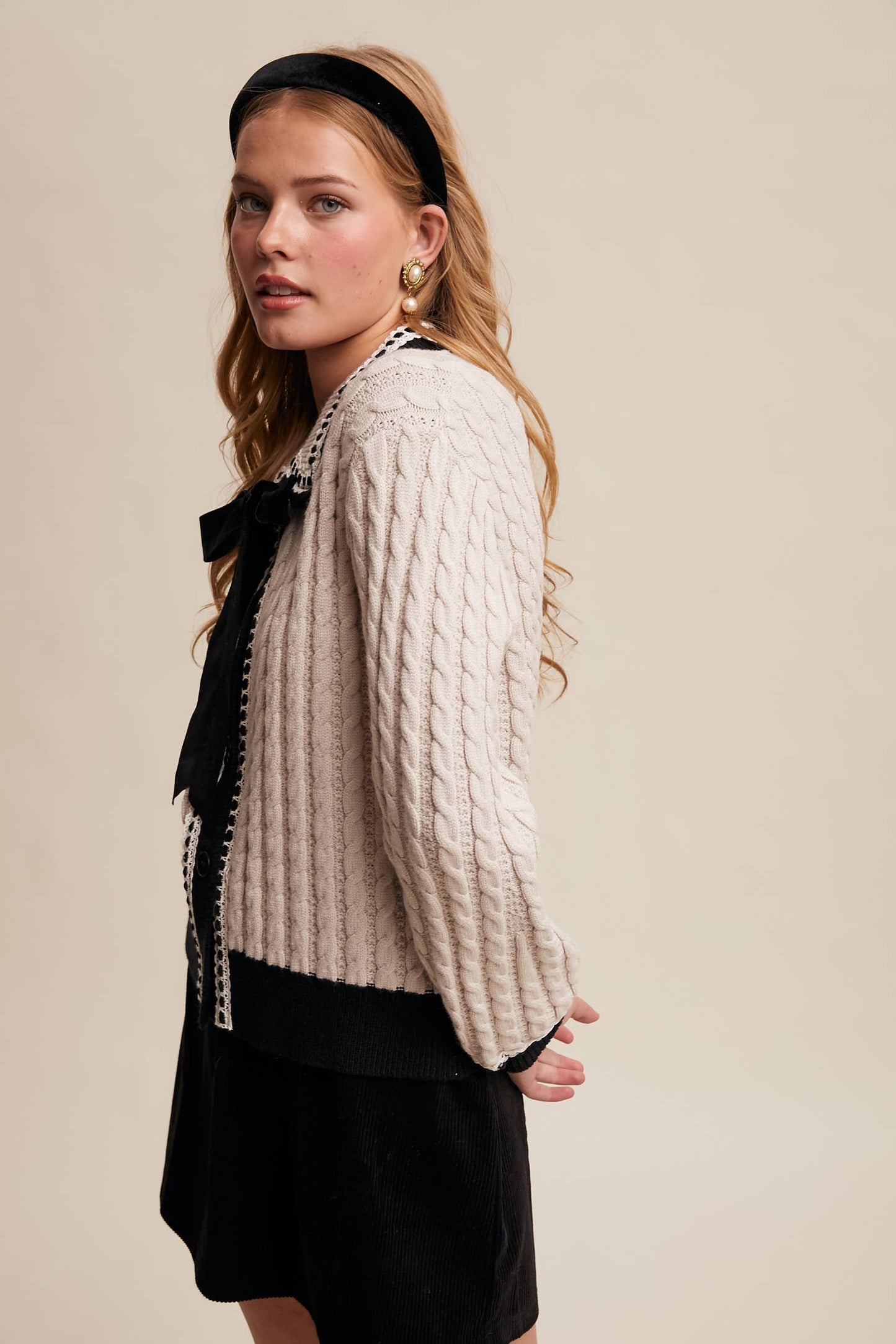 BLAIR: Cable Knit Cardigan with Velvet Bow Details