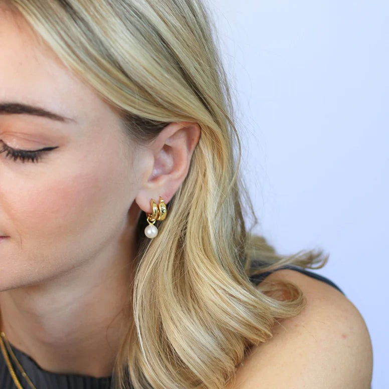 Pearl Charm Gold Hoop Earrings