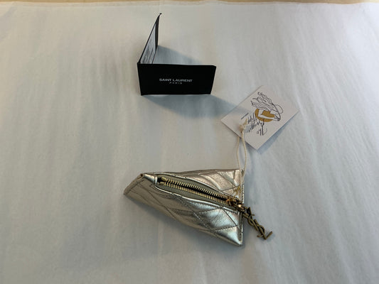 YSL Triangle Keychain Key Pouch Quilted Leather, Silver/Champagne