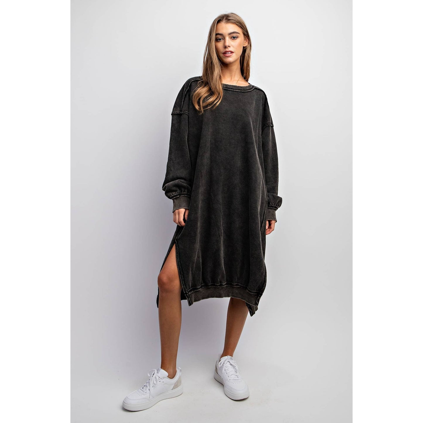 WASHED RELAXED FIT LONG DRESS: Black