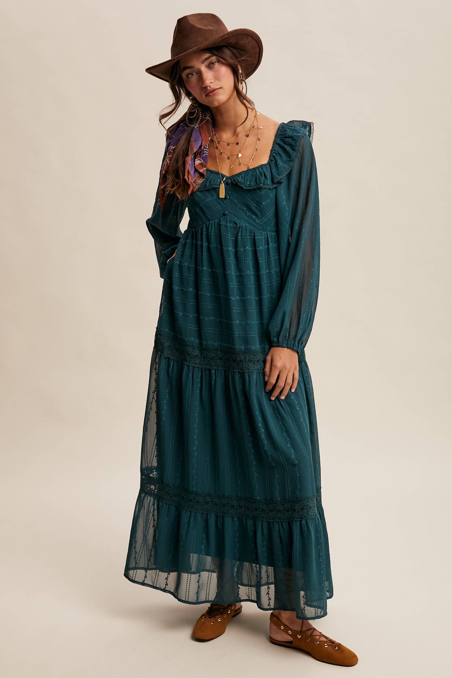 ABIGAIL- Ruffle Trim Tiered Maxi Dress