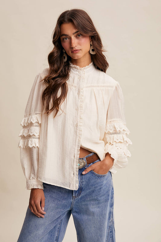 ELIZABETH- Lace Ruffle Sleeve Pintuck Blouse