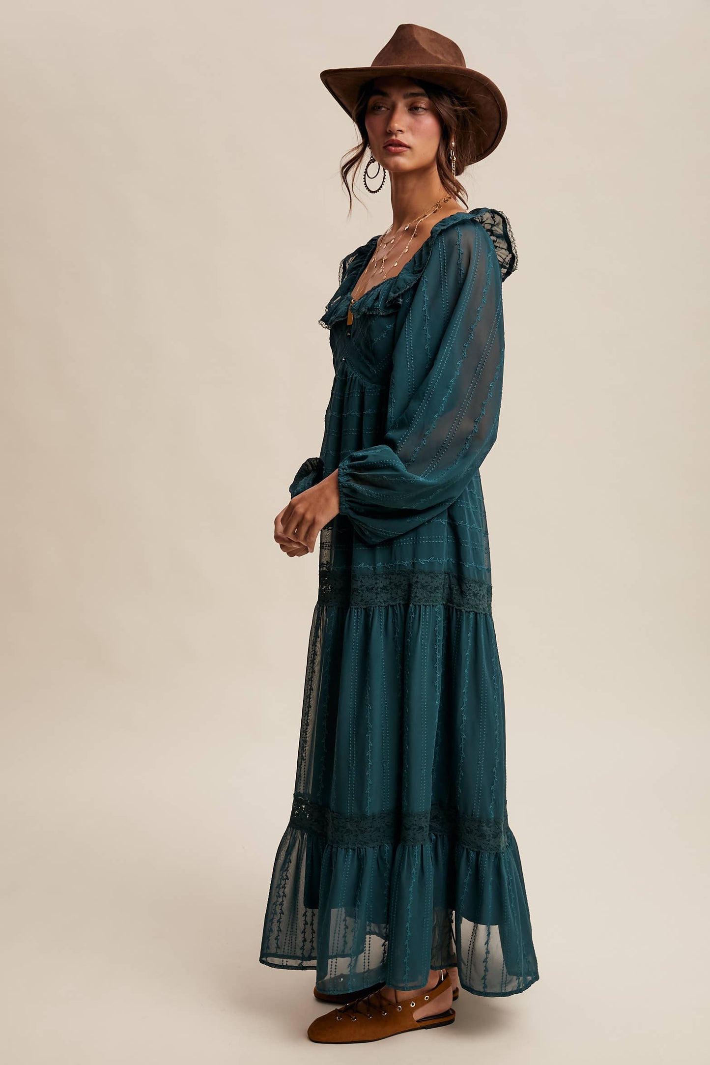 ABIGAIL- Ruffle Trim Tiered Maxi Dress