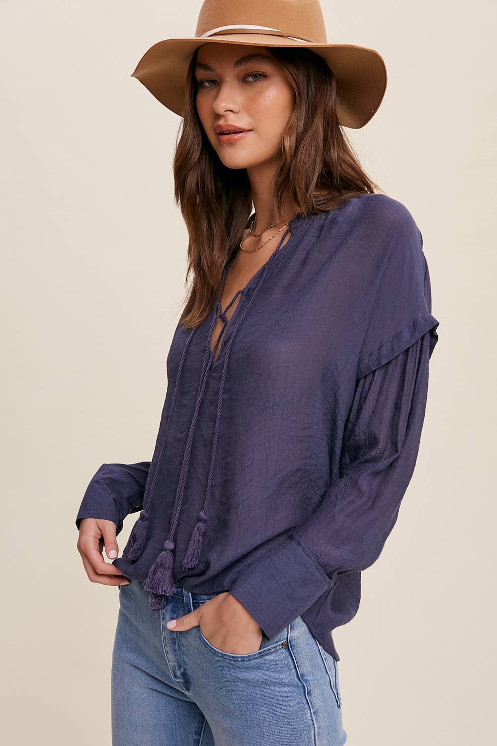 ASHLEY-Tassel Tie Boho Blouse