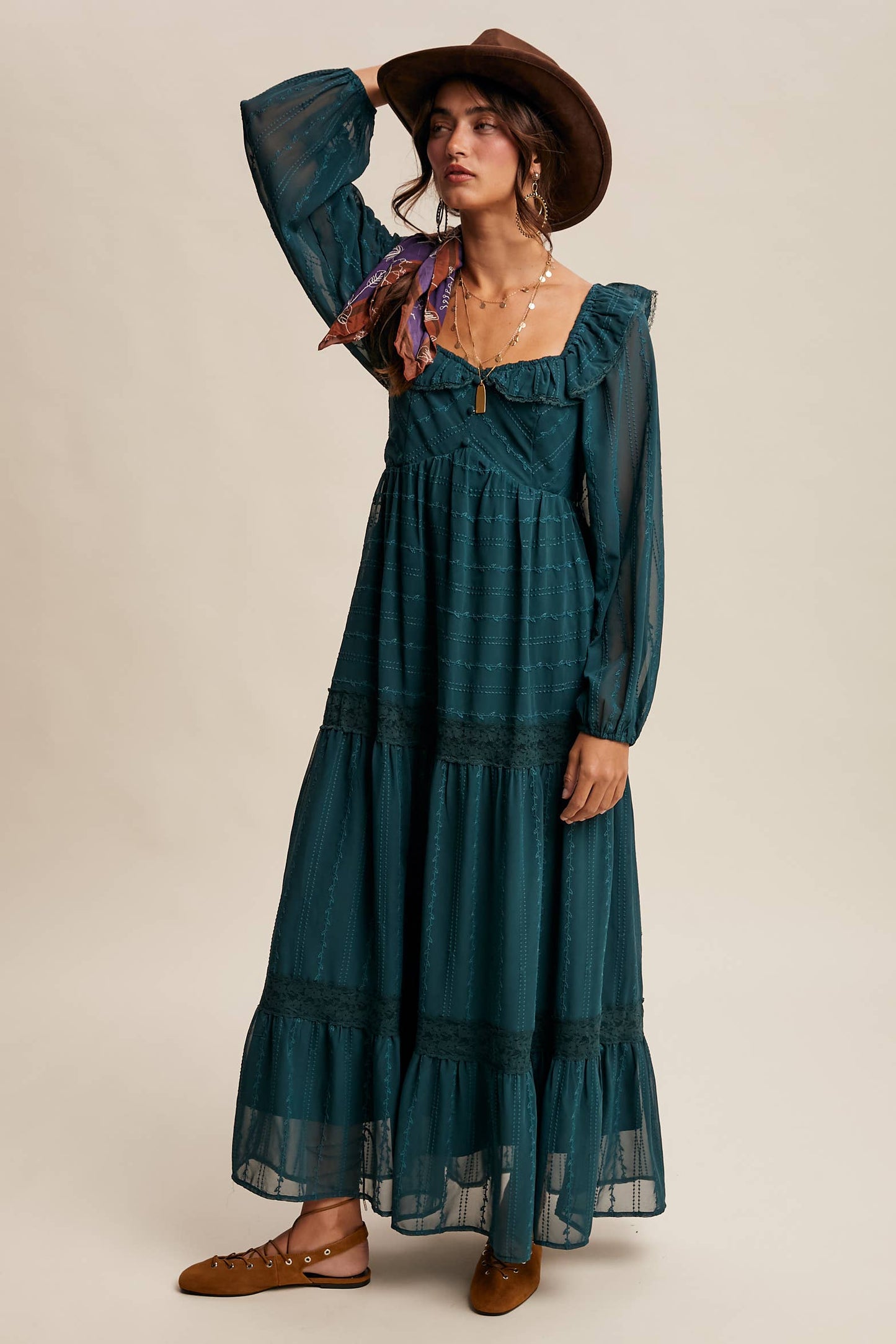 ABIGAIL- Ruffle Trim Tiered Maxi Dress