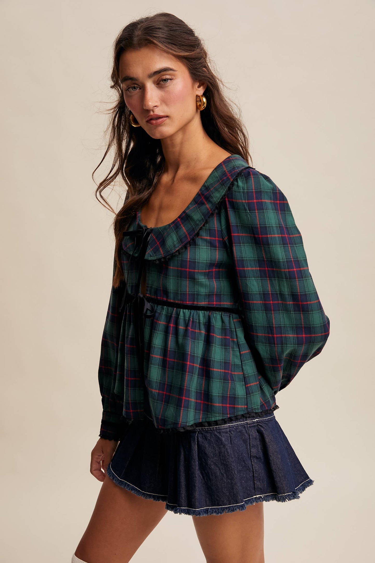 JULIA- Plaid Velvet Trim Holiday Blouse